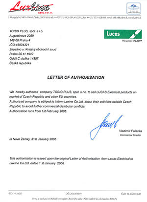 Letter of authorisation from Lucas Eletrical